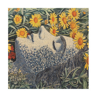 Dreaming Woman Face Made of Flowers Detailed Print