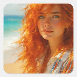 Dreamlike Beauty – Captivating Beach Portrait Square Sticker