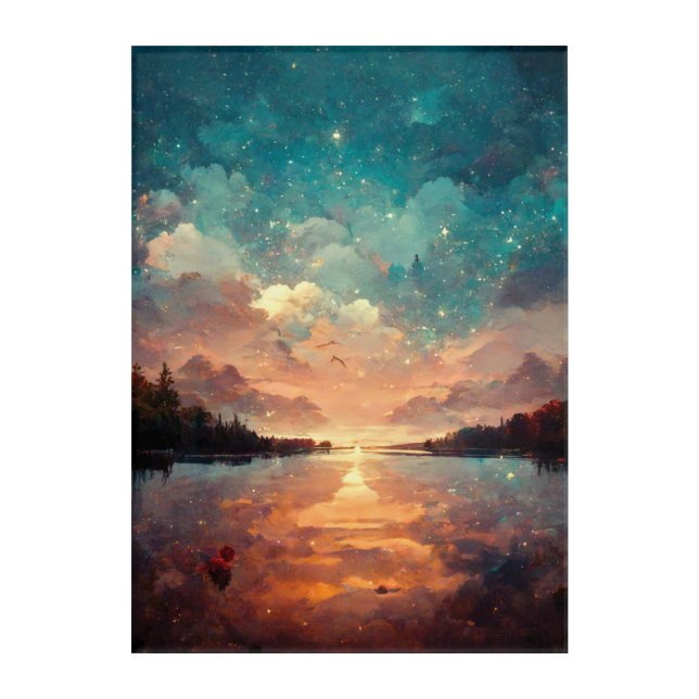Dreamlike Lake And Sunset | Landscape Painting Acrylic Print (Front)