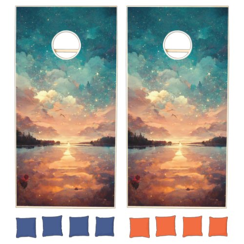 Dreamlike Lake And Sunset  Landscape Painting Cornhole Set
