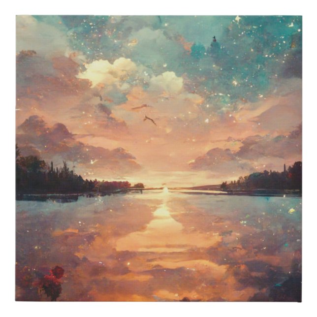 Dreamlike Lake And Sunset | Landscape Painting Faux Canvas Print (Front)