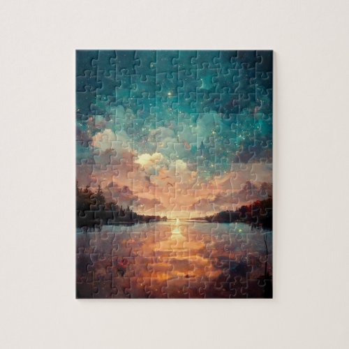 Dreamlike Lake And Sunset  Landscape Painting Jigsaw Puzzle