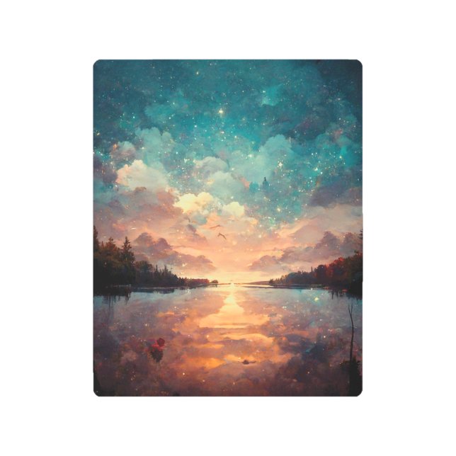 Dreamlike Lake And Sunset | Landscape Painting Metal Print (Front)
