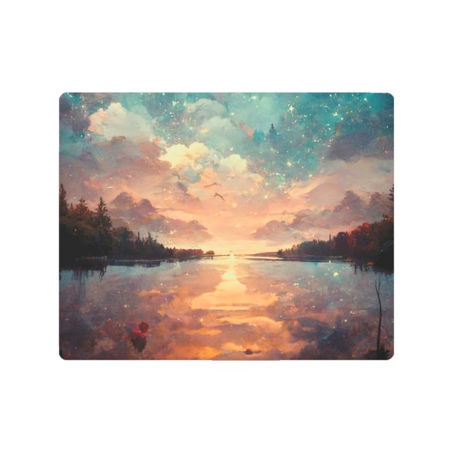Dreamlike Lake And Sunset | Landscape Painting Metal Print (Front)