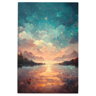 Dreamlike Lake And Sunset Landscape Painting Metal Print