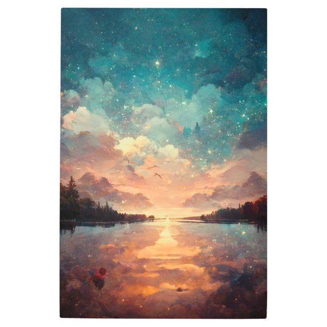 Dreamlike Lake And Sunset | Landscape Painting Metal Print (Front)