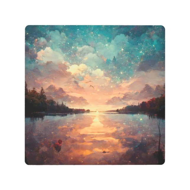 Dreamlike Lake And Sunset | Landscape Painting Metal Print (Front)