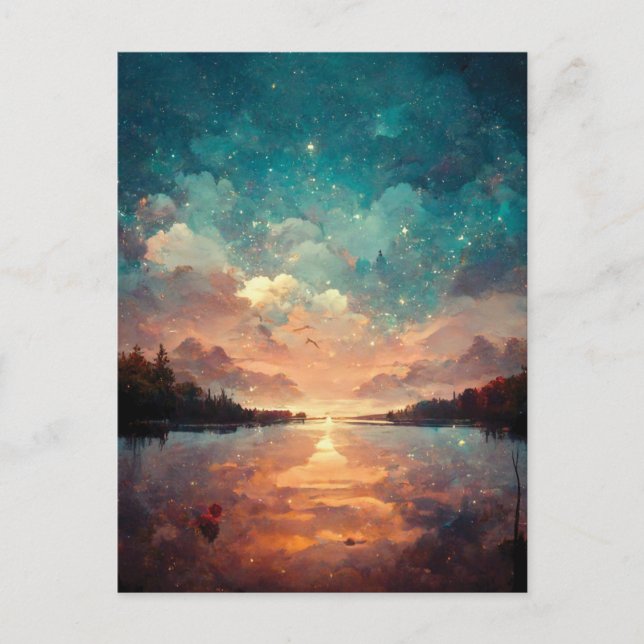 Dreamlike Lake And Sunset | Landscape Painting Postcard (Front)
