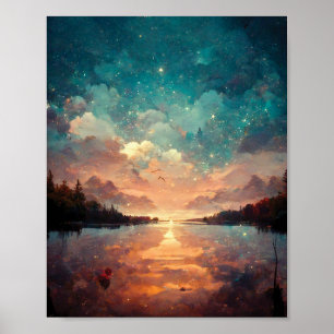 Dreamlike Lake And Sunset Landscape Painting Poster