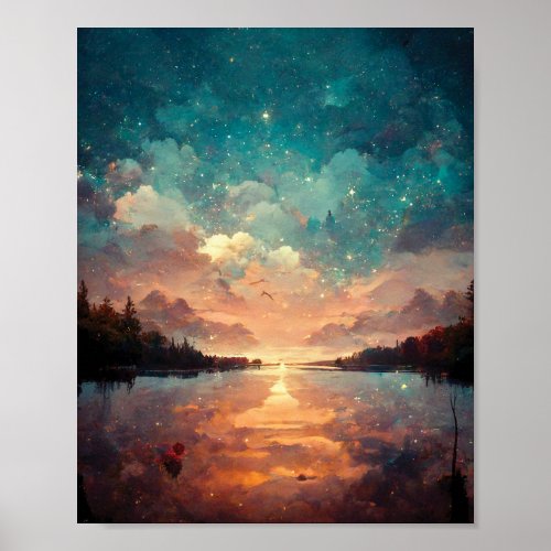 Dreamlike Lake And Sunset  Landscape Painting  Poster