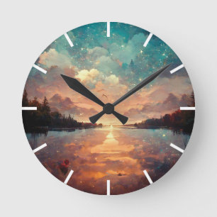 Dreamlike Lake And Sunset   Landscape Painting Round Clock