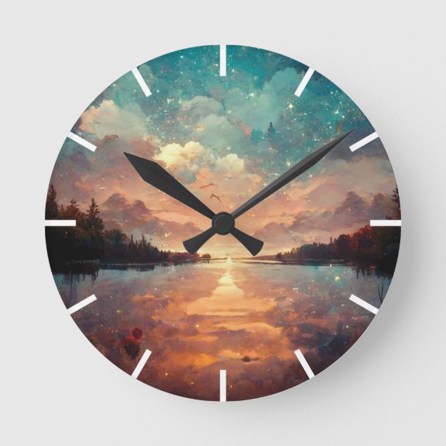 Dreamlike Lake And Sunset | Landscape Painting Round Clock (Front)