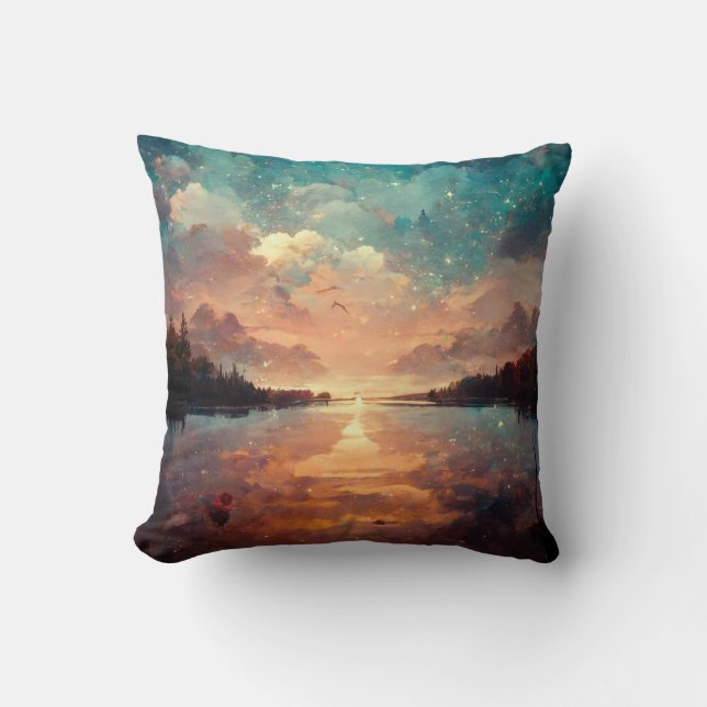Dreamlike Lake And Sunset | Landscape Painting Throw Pillow (Front)