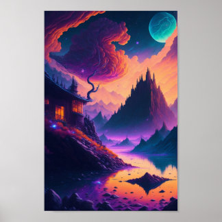 Dreamlike psychedelic landscape, ai. generated art poster