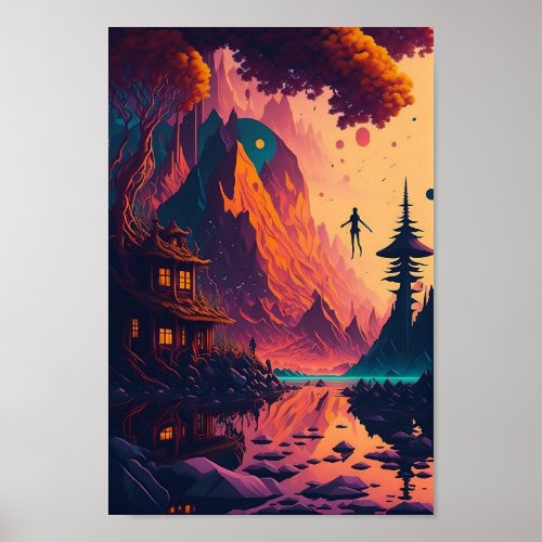 Dreamlike psychedelic landscape ai generated art poster