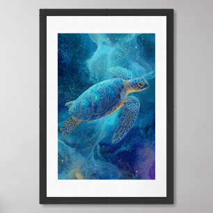 Dreamlike Sea Turtle in Celestial Ocean Painting Framed Art