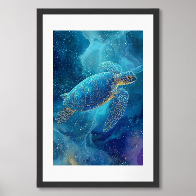 Dreamlike Sea Turtle in Celestial Ocean Painting Framed Art (Framed Front)
