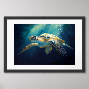 Dreamlike Sea Turtle in Celestial Ocean Painting Framed Art