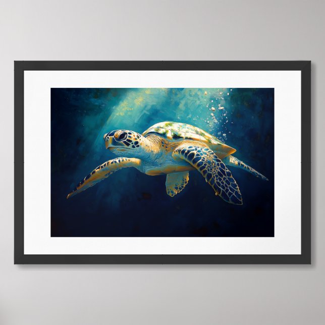 Dreamlike Sea Turtle in Celestial Ocean Painting Framed Art (Framed Front)
