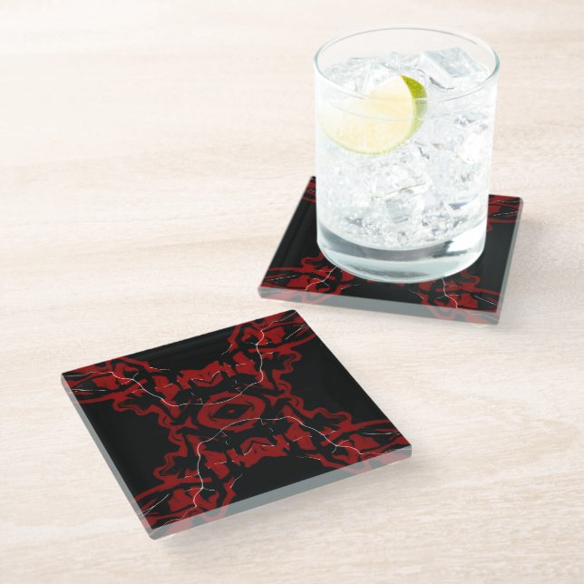 Dreams and Nightmares Abstract Red Black Fluid Art Glass Coaster (Angled)