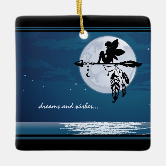 dreams and wishes - Full Moon and Fairy Beach Ceramic Ornament (Front)
