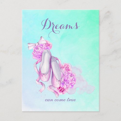 Dreams Can Come True Pink Watercolor Ballet Shoes Postcard