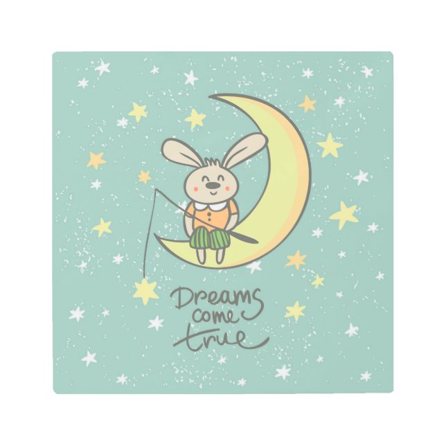Dreams Come True | Bunny on the Moon Metal Print (Front)