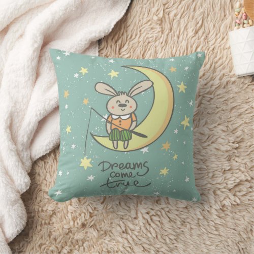 Dreams Come True  Bunny on the Moon Throw Pillow