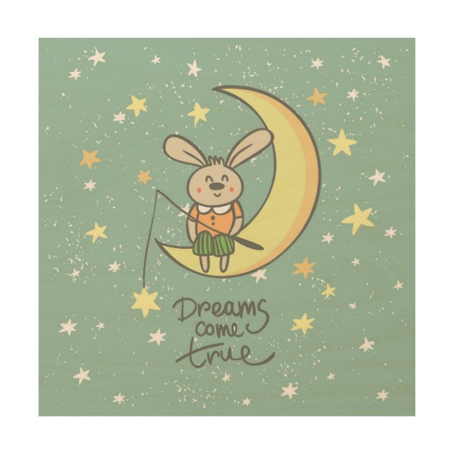Dreams Come True | Bunny on the Moon Wood Wall Art (Front)