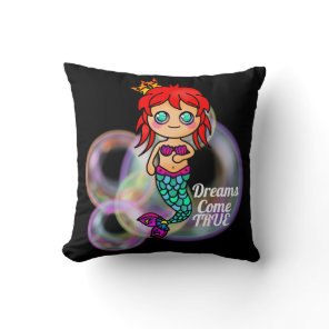 Dreams Come True Mermaid Cute Princess Crown Throw Pillow