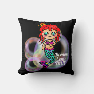Dreams Come True Mermaid Cute Princess Crown Throw Pillow