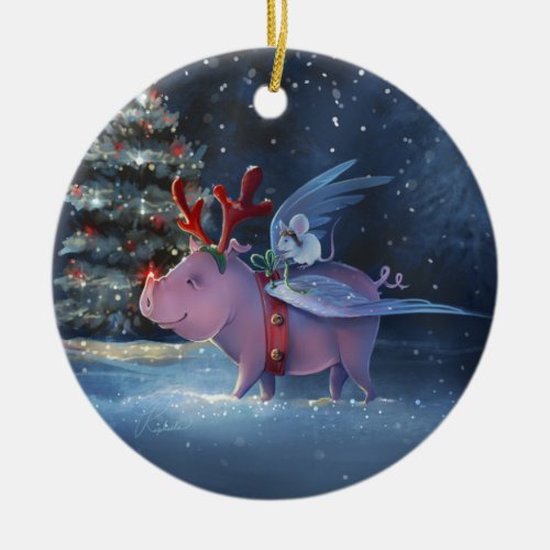 Dreams Come True Unique Flying Pig Christmas Ceramic Ornament