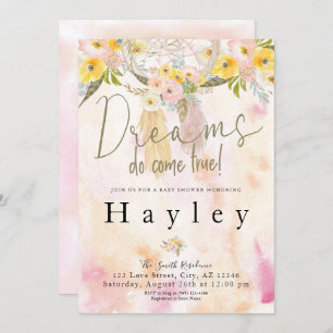Dreams Do Come True Watercolor Boho Baby Shower Invitation
