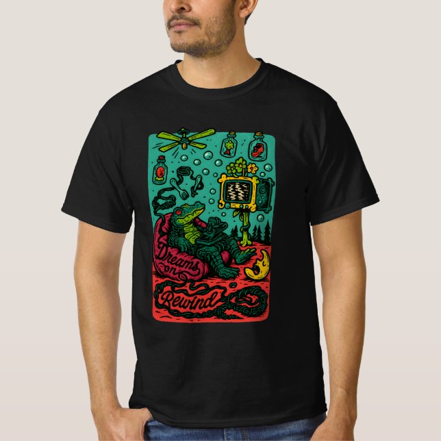 Dreams on Rewind – Surreal Retro Alligator TV Art T-Shirt (Front)