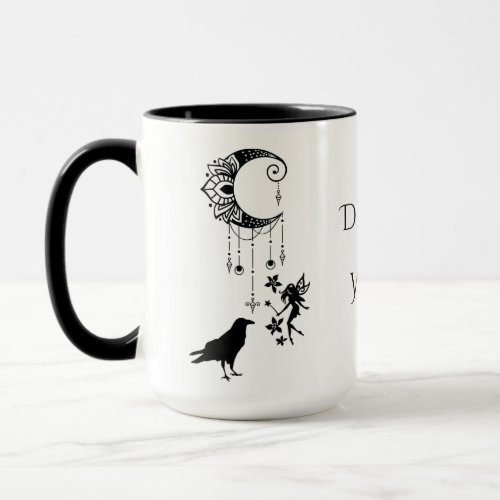 Dreams  Wishes  Crescent Moon Fairy and Crow Mug