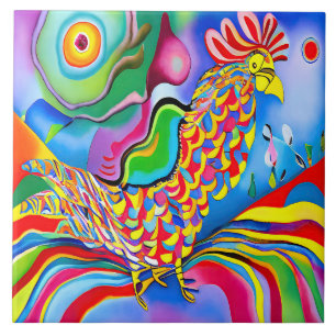 "Dreamscape Bird". A SQ surreal abstract cockerel Ceramic Tile