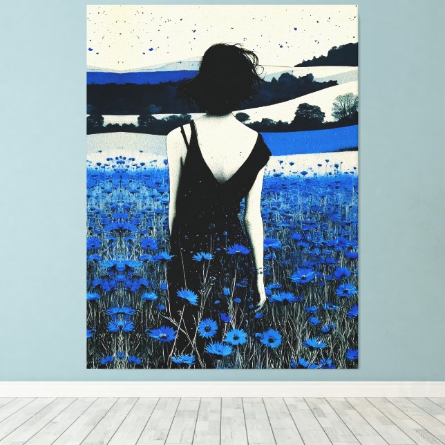 Dreamscape Blue Wildflower Field Wall Art – Modern (Insitu(Wood Floor))
