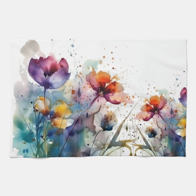 Dreamscape Garden: Abstract Watercolor Flowers Kitchen Towel (Horizontal)