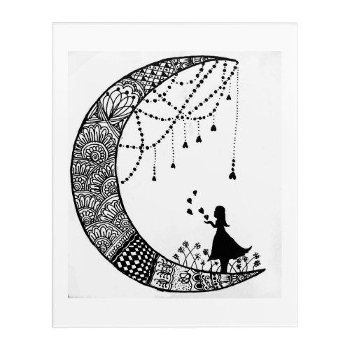 Dreamscape Serenade Girl in Moon Mandala Acrylic  Acrylic Print