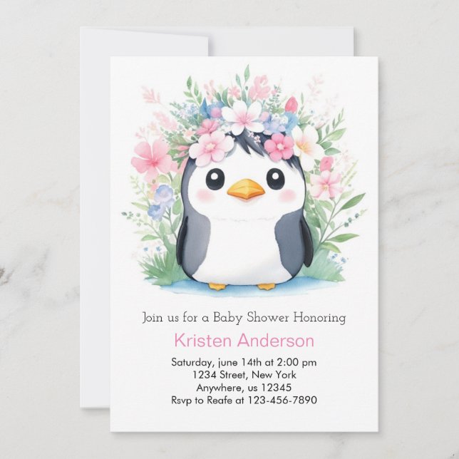 Dreamscape Watercolor Girl Penguin Baby Shower Invitation (Front)