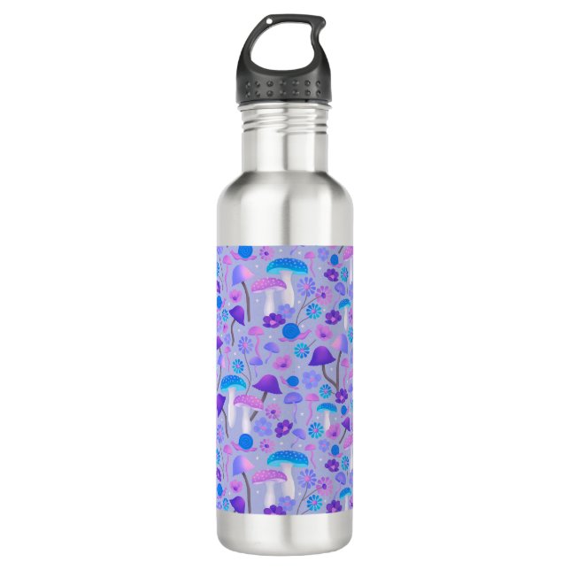 Dreamy 70s Mushrooms & Flowers Purple Turquoise Stainless Steel Water Bottle (Front)