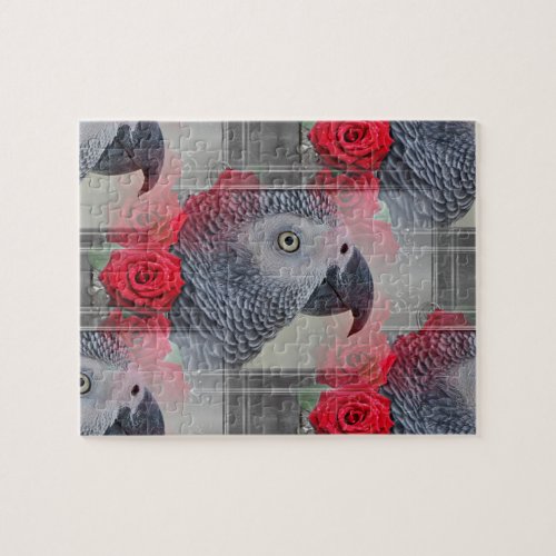 Dreamy African Grey with Red Roses Jigsaw Puzzle