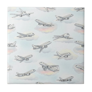 Dreamy Airplane Sky Travel Pattern (1) Ceramic Tile