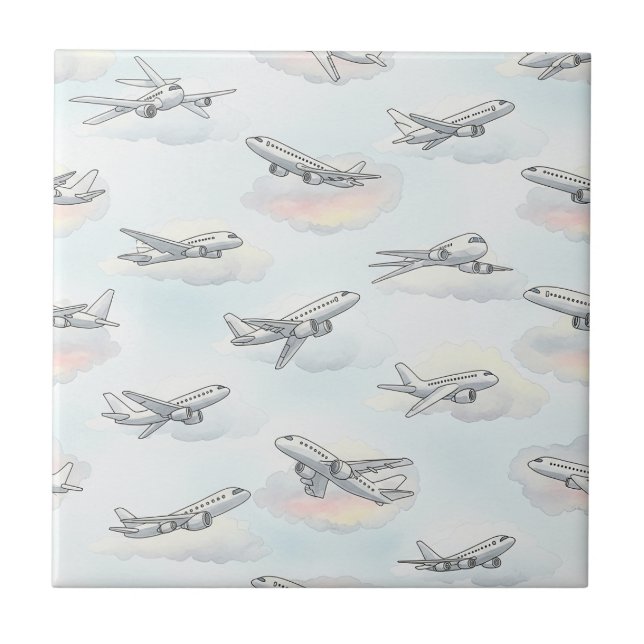 Dreamy Airplane Sky Travel Pattern (1) Ceramic Tile (Front)