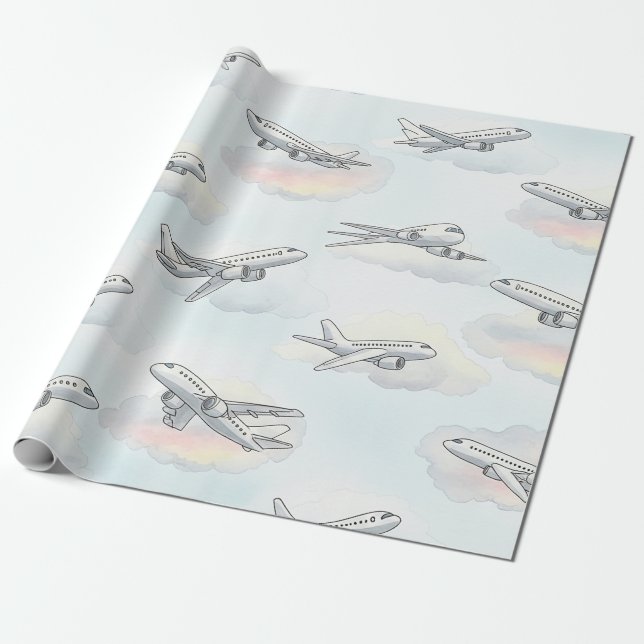 Dreamy Airplane Sky Travel Pattern (1) Wrapping Paper (Unrolled)