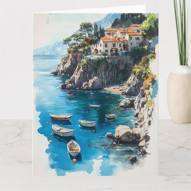 Dreamy Amalfi Coast: Watercolor Painting Design Card (Front)