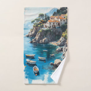 Dreamy Amalfi Coast: Watercolor Painting Design Hand Towel