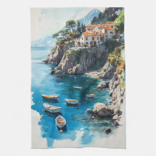 Dreamy Amalfi Coast: Watercolor Painting Design Kitchen Towel