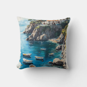Dreamy Amalfi Coast: Watercolor Painting Design Throw Pillow