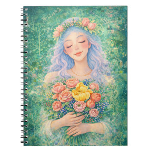 Dreamy Angel with Flowers – Soft Green Fantasy Art Notebook